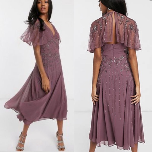 ASOS Floral Embellished Cape Midi Dress Dusty Purple Size 4 - Picture 2 of 15